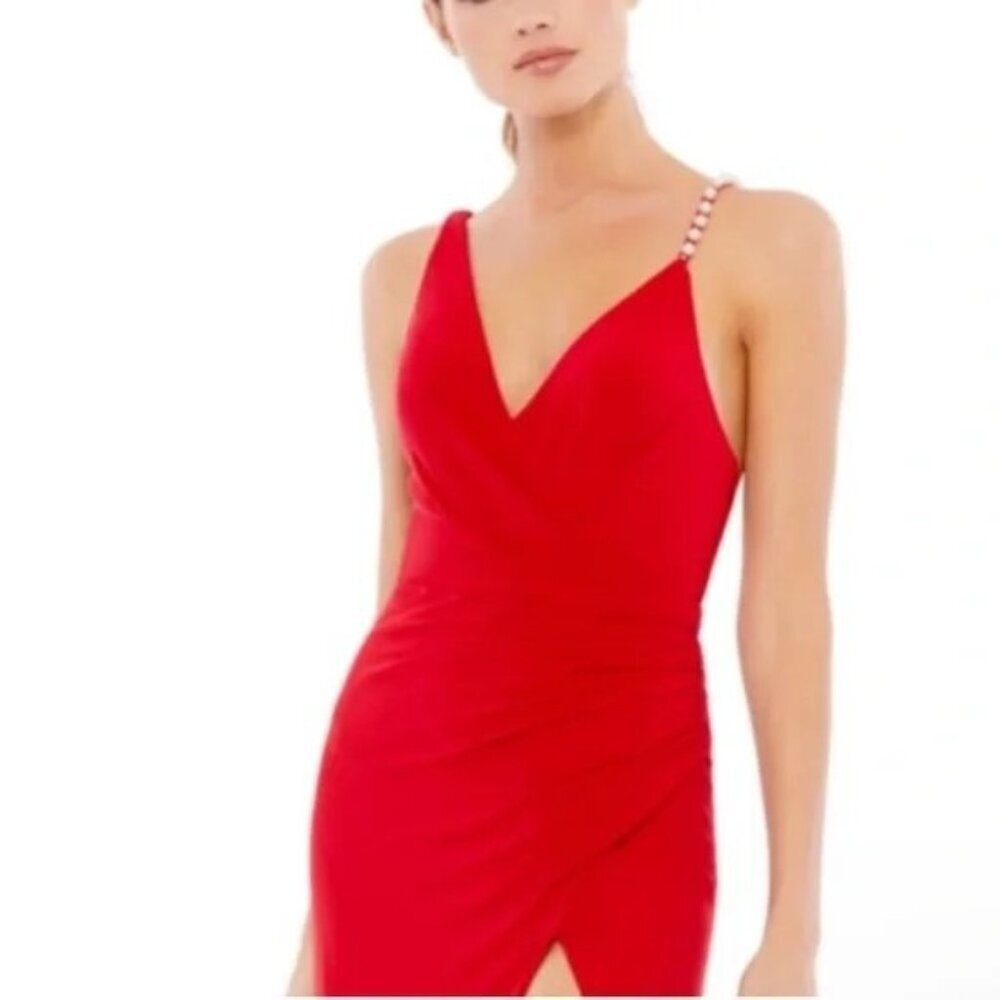 Ieena for Mac Duggal 26532 Red Jersey Evening Gown Pearl Strap V-Neck Size 2 NEW - Picture 3 of 7
